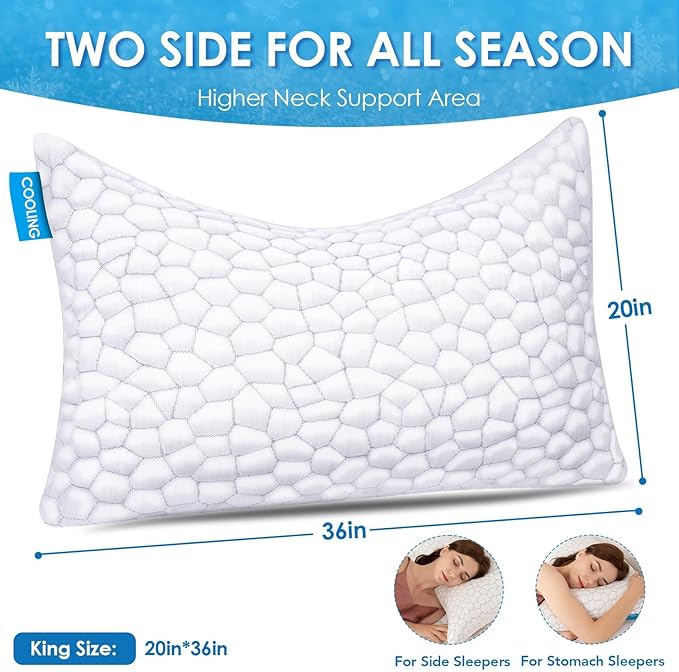 Cooling Pillow King Size 1 Pack, Adjustable Bed Pillows for Sleeping, Luxury Shredded Memory Foam Side Sleeper Pillow for Adults, King Size Firm Pillows for Side, Back Sleepers Neck Shoulder Pain