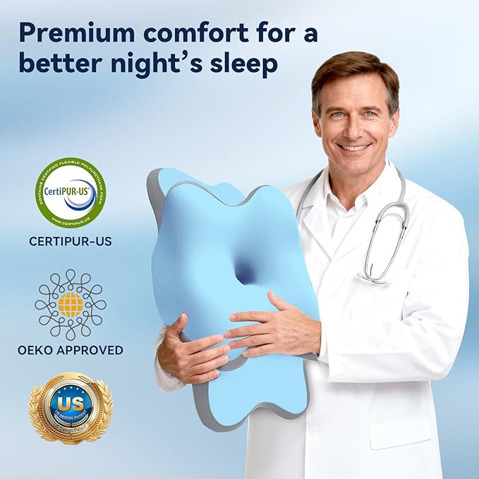 Sleep Apnea Pillow with Neck Pain & Snoring Relief -Orthopedic Cervical Pillow, Ergonomic Contour Memory Foam for Side, Back,Stomach Sleepers, Medium Firm Support (Blue, Queen Size 25" Lx15 Wx5.8 H)