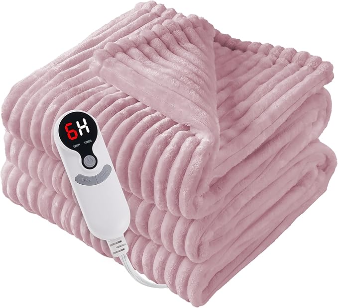 Electric Heated Blanket Full Size 72"x84" with Cozy Flannel, 6 Heat Settings & 10 Hours Auto Off, Soft & Cozy Warming Throw for Home, Office, or Bed, Machine Washable, Pink