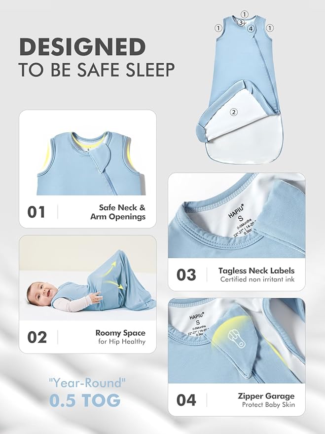 HAPIU Unisex Rayon Made from Bamboo Baby Sleep Sack TOG 0.5, 2-Way Premium Zipper, Wearable Blanket
