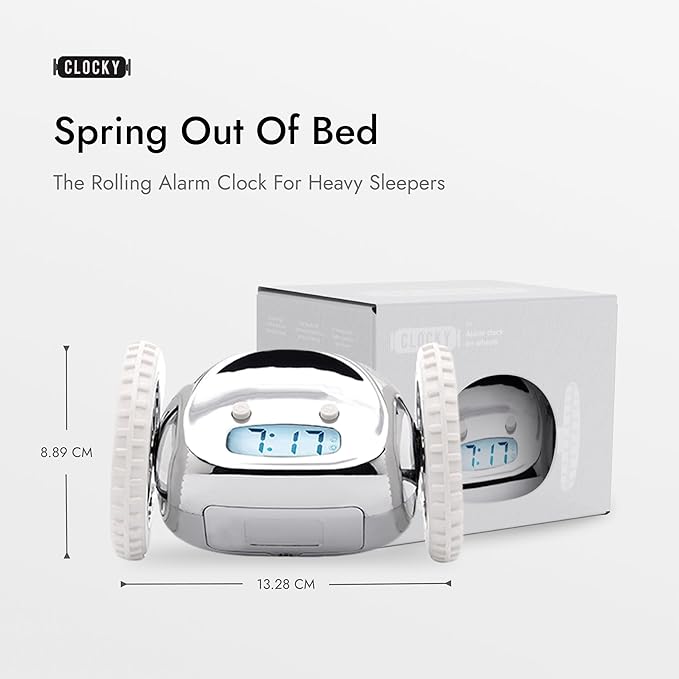 CLOCKY Extra Super Loud Alarm Clock for Heavy Sleepers Adults Kids Teens Bedroom, Move Jump Roll Run Away Easy to Set Smart Digital Mirror Alarm Clock on Wheels -Funny Gag Gift (Chrome)