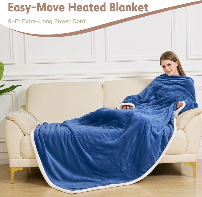 Heated Blanket, 55"×80" Wearable Electric Blanket with Sleeves, Sherpa Snuggle Throw Blanket, Warm Gift for Grandma, Mom, Dad, (Navy)