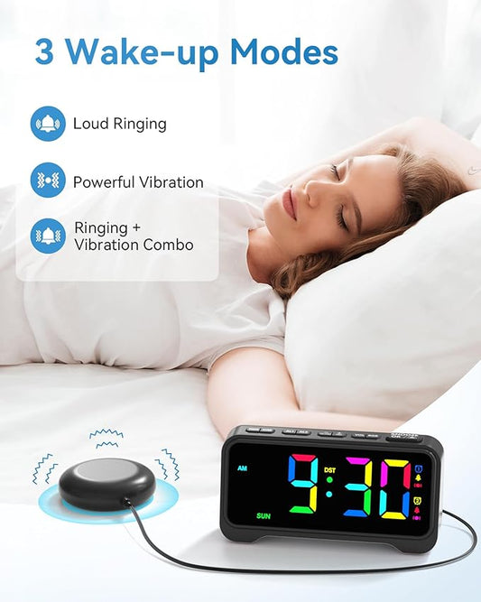 Vibrating Alarm Clock for Heavy Sleepers, Digital Alarm Clock with Bed Shaker, RGB Colorful Changing, Night Light, USB Charger, Dimmable Loud Bedside Desk Clock for kids, Hearing Impaired Deaf, Adults