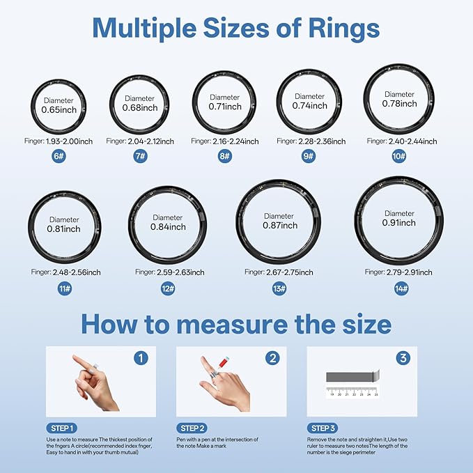 Smart Ring for Women Men, Health Fitness Tracker Ring with Heart Rate/Sleep Tracker/Blood Oxygen/HRV/Stress/Calorie/Steps, IP68 Waterproof for iOS & Android, No APP Fees(Black,9#)