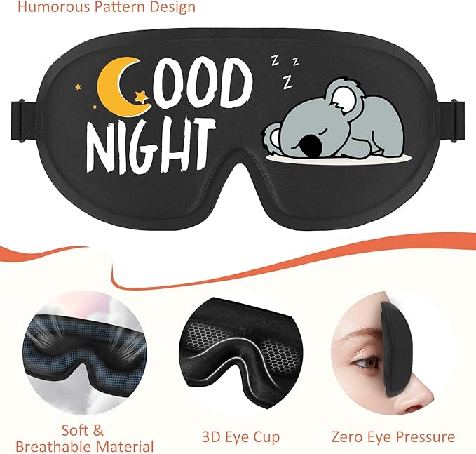 Funny 3D Zero Pressure Sleep Eye Mask for Men Women Side Sleeper, Adjustable Blackout Soft Breathable Eye Masks for Travel Nap Night Sleep, Humorous Gift Stocking Stuffers (Good Night)