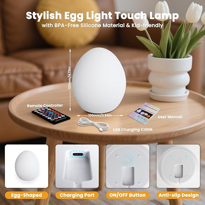 Baby Night Light: 16 Colors Changing Silicone Egg Light for Nursery, Rechargeable Touch Nightlight for Kids with Timer & Mermory, Dimmable Portable Nursery Night Light for Breastfeeding