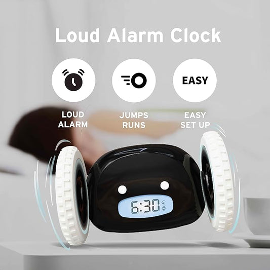 CLOCKY Alarm Clock on Wheels – Loud Rolling Alarm Clock for Heavy Sleepers | Runaway Clock That Jumps & Runs to Wake You Up | Funny Unique Gift for Adults, Teens & Kids Bedrooms (Black)