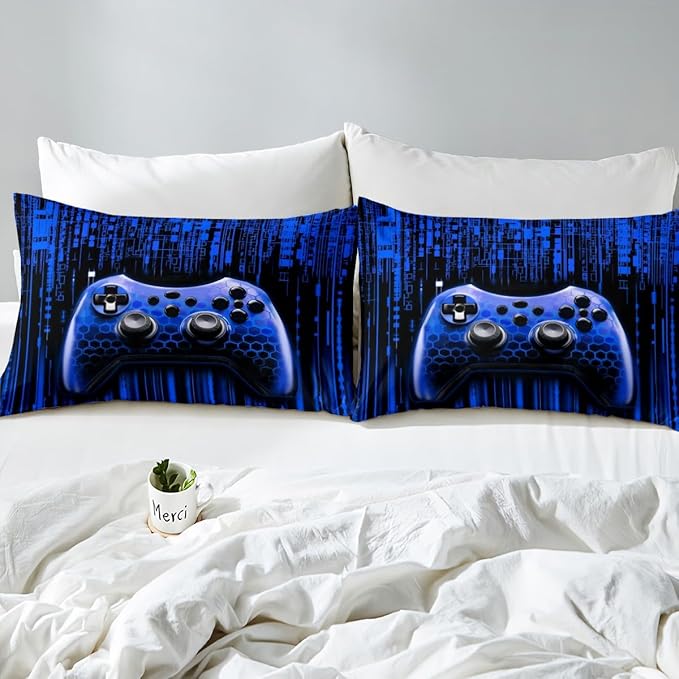 Manfei Gamer Gamepad Kids Sheet Full Size,Video Gaming Gamepad Controller Bedding Set,Boys Girls Room Decor,Neon Lights Geometric Fashion Dark Blue Bed Sheet Set 4pcs(Fitted + Flat + 2 Pillowcases)
