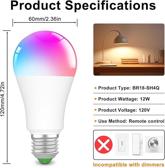 Amber Sleep Light Bulbs 1800K with Remote Control, E26 Blue Light Blocking A19, 12W LED Color Changing Bulb for Sleep Therapy, Baby Nursery, Reading Light