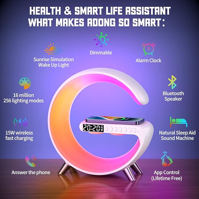 2026 New Wireless Speaker Charger, App Control Smart Alarm Clock LED Table Lamp Bluetooth Speaker Atmosphere Bedside Light with Wireless Charging Station,Alarm Clock Lamp Christmas Gift