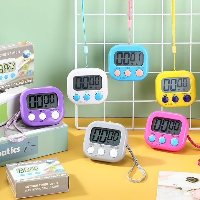 Leumoi 24 Packs Small Digital Kitchen Timer with lanyards Magnetic Back and Switch Minute Second Count up Countdown Big LCD Display Loud Alarm for Teacher Cooking Baking, Colorful