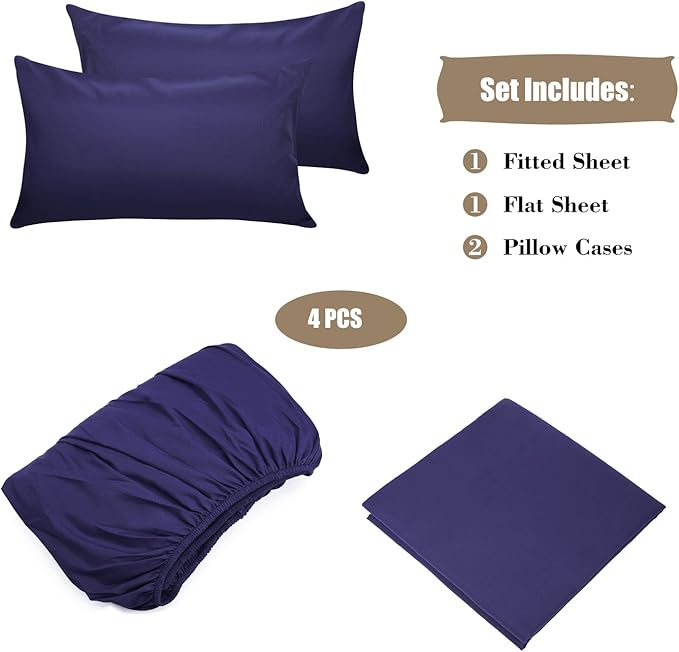 4 Piece Bed Sheet Set (Queen,Blue) 1 Flat Sheet,1 Fitted Sheet and 2 Pillow Cases,Brushed Microfiber Luxury Bedding with Deep Pockets