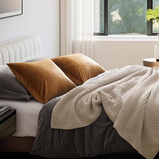 PHF Super Soft Velvet Pillowcases Standard Size, No Insert, 2 Pack Luxury Cozy Warm Pillow Shams Covers with Envelope Closure, 20" X 26" Cozy Fuzzy Flannel Pillow Case, Brownish Camel
