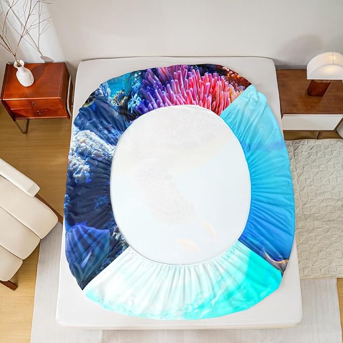 Manfei Sea Turtle Sheet Set Full,Fish Ocean Animal Bedding for Kids Teens Room Decor,Marine Mediterranean Style Sea Blue Bed Sheet 4pcs with Deep Pocket Fitted Sheet + Flat Sheet + 2 Pillowcases