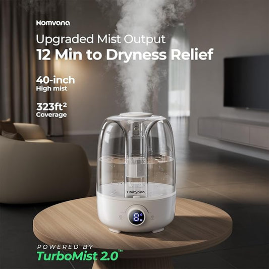 Homvana Humidifiers for Bedroom Diffusers - Top Fill 4L Cool Mist Humidifier Large Room, 40H Runtime Diffusers for Home, Air Humidifier for Plants, Baby Nursery, Easy to Clean, Essential Oil Diffusers