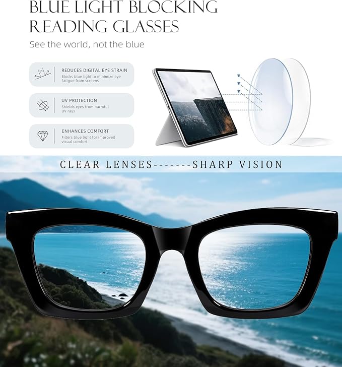 Hubeye Oprah Style Reading Glasses for Women Men Blue Light Blocking Computer Square Readers with Spring Hinge