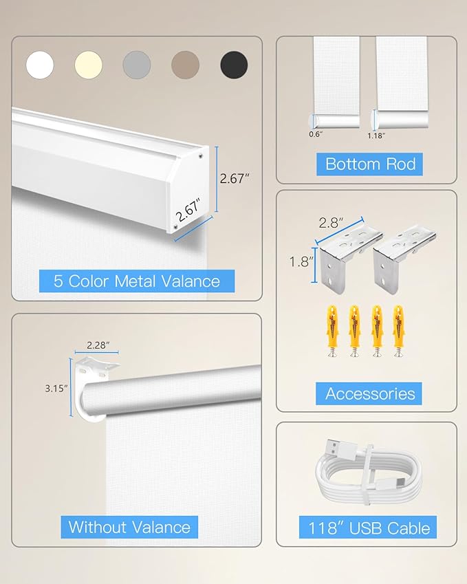 Motorized Solar Roller Shades with Remote Control, Light Filtering Smart Blinds for Windows Work with Alexa Google via Hub, Rechargeable Electric Shade Customized Size (Fireproof White)