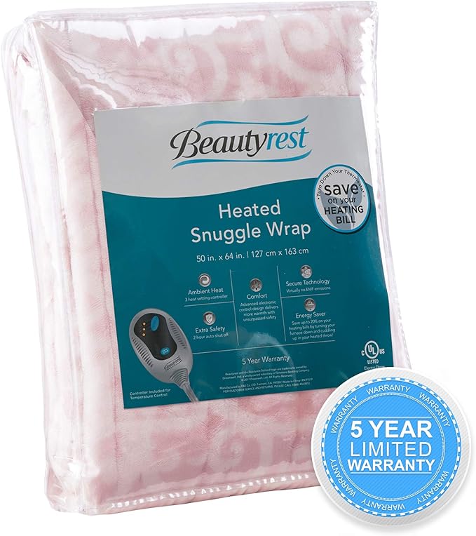 Beautyrest Wearable Electric Poncho Wrap Blanket, Ultra Soft Sherpa & Berber Fleece Heated Throw, UL Certified & Oeko-TEX, 3 Heat Settings & 2 Hour Auto Shutoff, Gift-Ready, 50" x 64", Blush Lattice