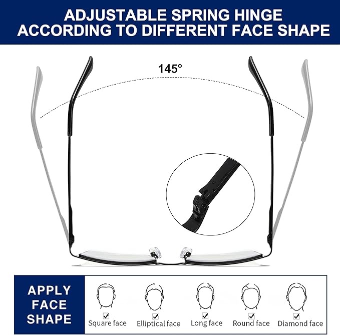 for Men Blue Light Blocking Reading Glasses, Half Frame Metal Readers with Spring Hinge, 3-Pack