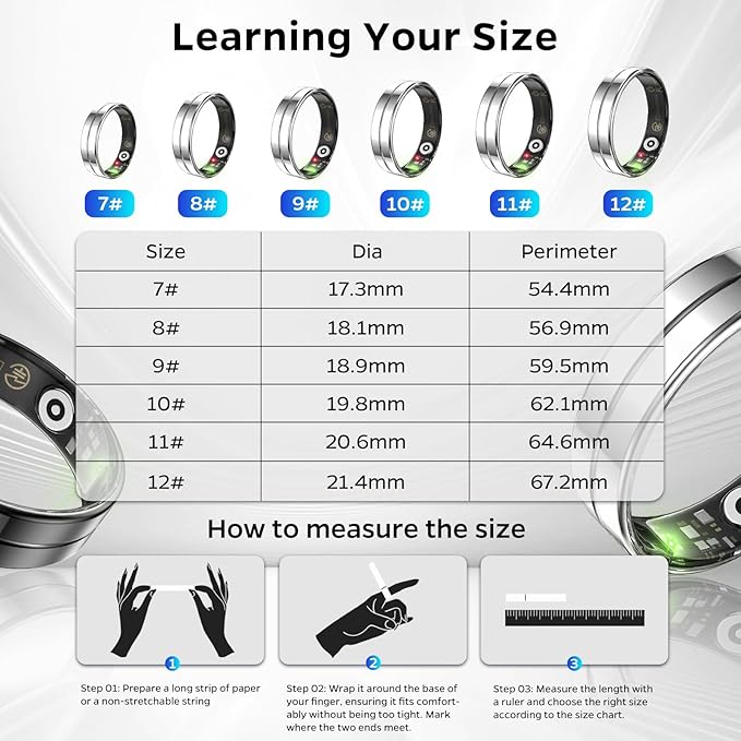 Upgrade Smart Health Ring for Women Men,Waterproof Fitness Ring, Fitness Tracker for Activity Monitoring,Sleep Tracker, No Subscription Fee (Silver, 7)