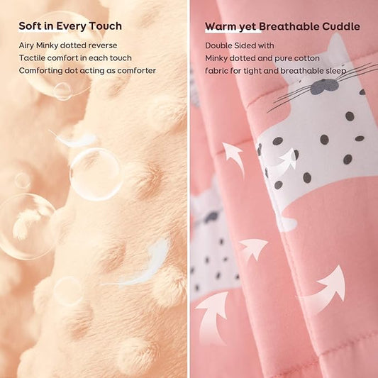 Uttermara Weighted Blanket 7 lbs, Ultra Cozy Minky Fleece and Cotton Sided with Cartoon Patterns, Reversible Heavy Blanket Great for Calming and Sleeping, 36x48 inches, Pink Cat