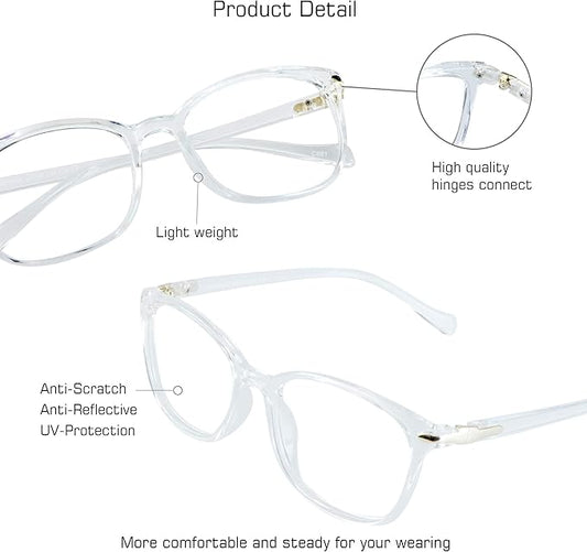 VisionGlobal Blue Light Blocking Glasses for Women, Anti Eyestrain, Computer Reading, TV Glasses, Stylish Square Frame, Anti Glare(Clear,+5.50 Magnification)