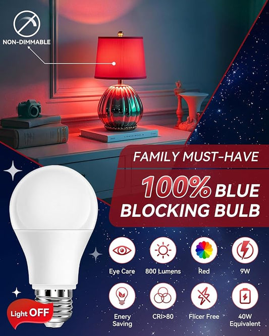 Neporal 3W 625nm Red Light Bulbs for Sleep, 100% Blue Light Blocking Bulb, Red Light Night Light for Melatonin Promoting, A19 40W Equivalent Dim Light Bulbs for Bedroom, Baby Nursery, 3 Pack