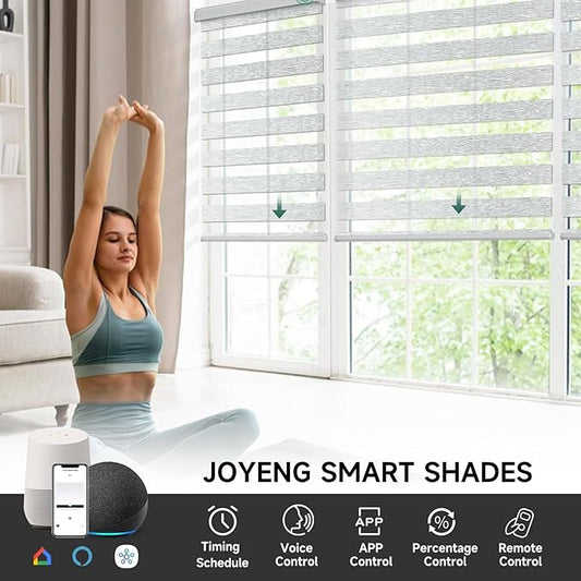 Motorized Zebra Blinds, Cordless Blackout Window Shades with Remote, Custom Dual Layer Smart Roller Shades Compatible with Alexa Google Assistant, Automatic Light Filtering Blinds,Light Grey