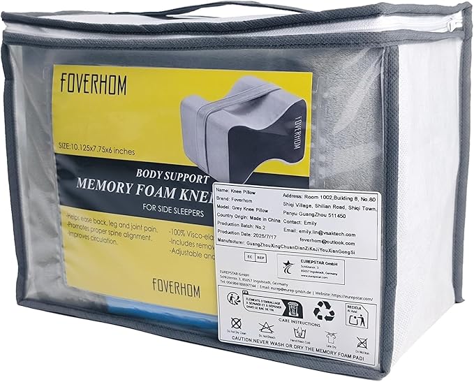 foverhom Memory Foam Knee Pillow,Orthopedic Leg Pillow for Sciatica Relief,Back Pain, Pregnancy, Leg Pain, Hip Pain and Sciatica Relief, Grey