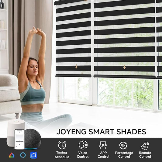 Motorized Zebra Blinds, Cordless Blackout Window Shades with Remote, Custom Dual Layer Smart Roller Shades with Alexa Google Assistant, Automatic Light Filtering Blinds,Luxury Black