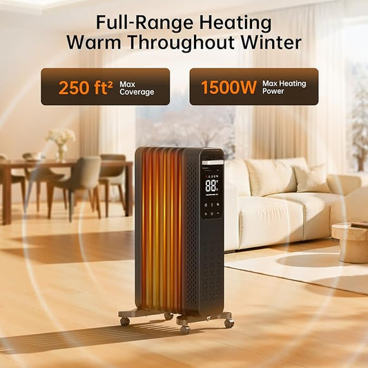 ZAFRO Oil Filled Radiator Heater, 1500W Energy Saving Space Heater with Curved Fin Design, Smart Touch Screen, ECO Mode & 24H On/Off Timer, Tip-Over & Overheat Protection for Bedroom Office Use, Black
