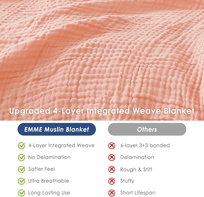 EMME Muslin and Cotton Twin Blankets for Couch Breathable Gauze Blanket All Season Soft and Lightweight Pre-Washed Cotton Blanket (Pink, 60"x80")