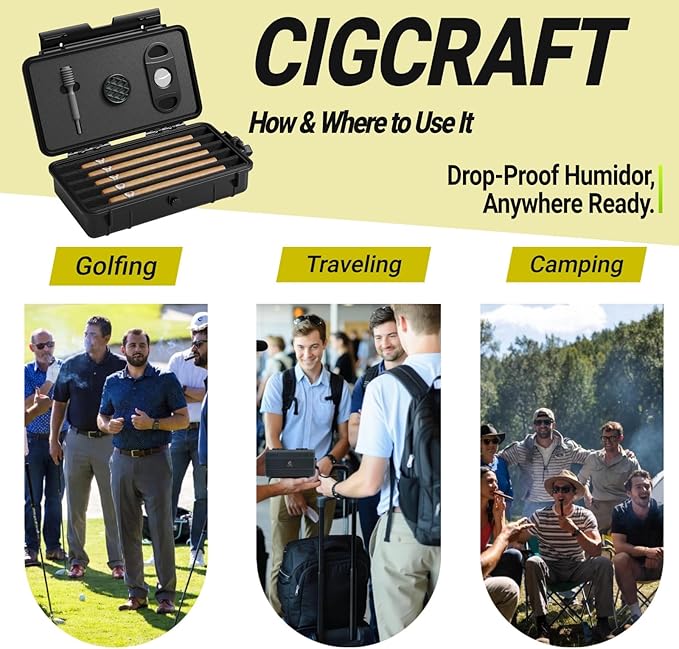 Cigar Humidor, ClGCRAFT Travel Cigar Humidor Box- Portable Cigar Case with Humidifier Disc, Waterproof, Essential Airtight Travel Humidor Kit for Cigar Aficionados (Holds up to 5 Cigars)