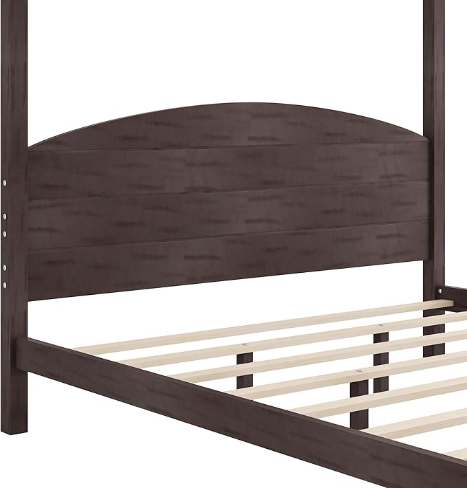 LUMISOL King Size Canopy Bed Frame with Headboard, Wood Platform Bed with Under Bed Storage, Four Poster Bed Frame with Slat Support Leg, No Box Spring Needed, Brown Wash