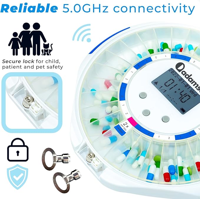 Adamson TimelyMed Smart Pill Dispenser with Alarm - WiFi App Monitoring - 28-Day Medicine Dispenser for Elderly & Alzheimer's Care - Automatic with Lock Key - New Version