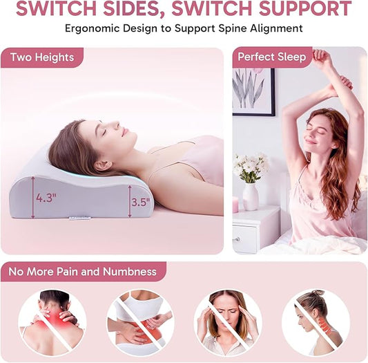 Ergonomic Memory Foam Pillow 2 heights: Mid-Low, Cervical Support Relieve Neck Back Pain, Breathable Cool Ice Silk Anti-Wrinkle Cover, SGS Certificates, for Side Back Stomach Sleeper, Queen Size