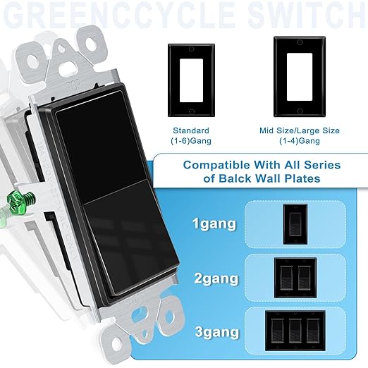 Greencycle Black Single Pole Rocker Light Switch,Paddle Light Switch 15 Amp,Sp Switches White,120V-277V AC,On/Off Wall Switches, Residential/Commercial Grade,Home & Office,UL/CUL,2PK