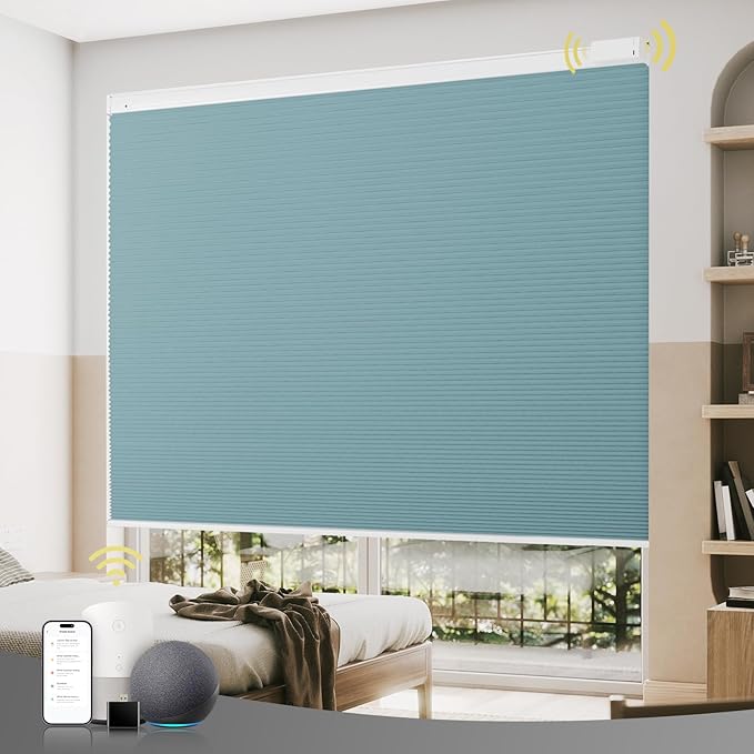 CINONEKO Custom Size(21-69"W x 22-93"H) Motorized Cellular Shades,No Drill Smart Honeycomb Blinds【Free Solar Powered】Automatic Blinds for Indoor Windows Cordless Electric Shades Compatible with Alexa