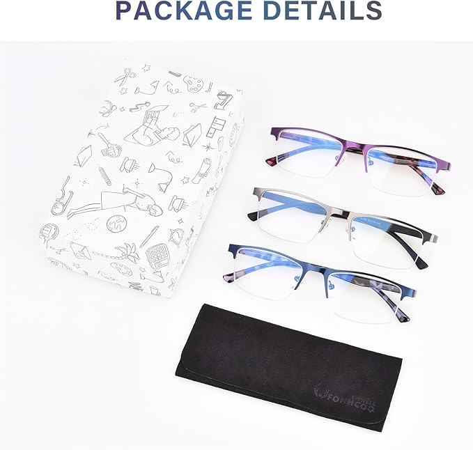 FONHCOO Reading Glasses for Women Men, Blue Light Blocking Reading Glasses Metal Half Frame Computer Readers Anti UV/Glare