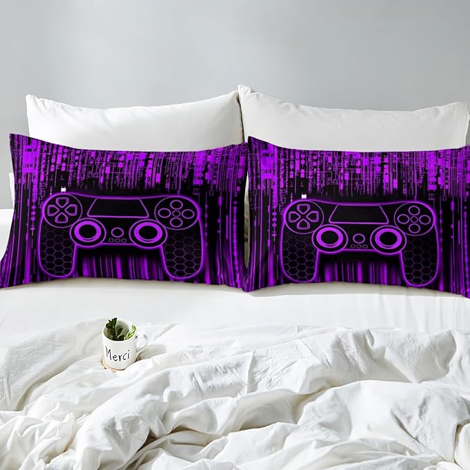 Geometric Gamepad Kids Sheet Full Size,Modern Neon Lights Honeycomb Hexagon Bedding Set,Boys Girls Room Decor,Videogames Gaming Controller Purple Bed Sheet Set 4pcs(Fitted + Flat + 2 Pillowcases)