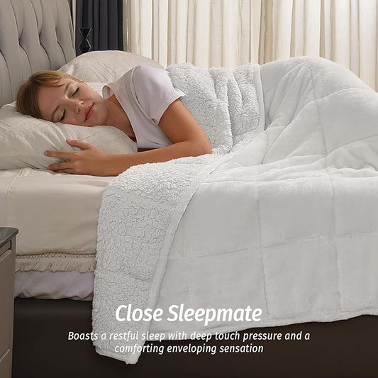 Wemore Sherpa Fleece Weighted Blanket for Adult, 15 lbs Dual Sided Cozy Fluffy Heavy Blanket, Ultra Fuzzy Throw Blanket with Soft Plush Flannel Top, 48 x 72 inches, White on Both Sides