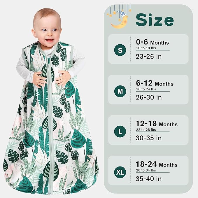 3 Pack Baby Sleep Sack 18-24 Months 100% Rayon Cotton Baby Sleeping Bag 2-Way Zipper Toddler Wearable Blankets Comfy Stretchy Lightweight TOG 0.3 (Banana&leaf&green)
