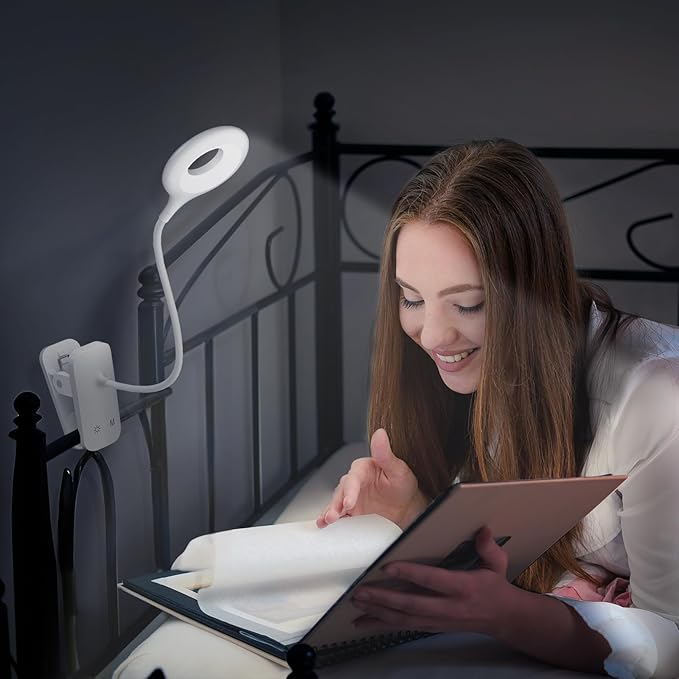 Clip on LED Reading Light, 25 Models USB Rechargeable Bed Lamp with Strong Clamp for Headboard, Eye Protection Portable Cordless Battery Lights for Bedframe Desk Table Home Office (White)