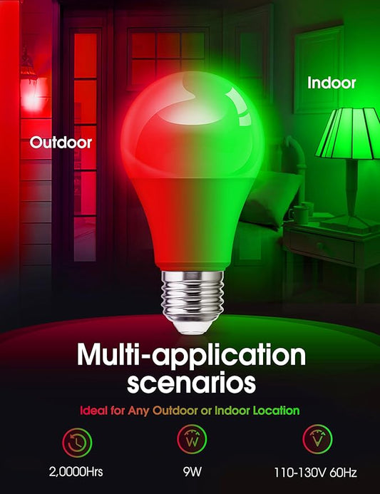 L LOHAS LED Red and Green Light Bulbs Outdoor 4 Pack, Red and Green Light Bulbs for Christmas Decoration, A19 9W, 720LM, E26 Base, Non-Dim