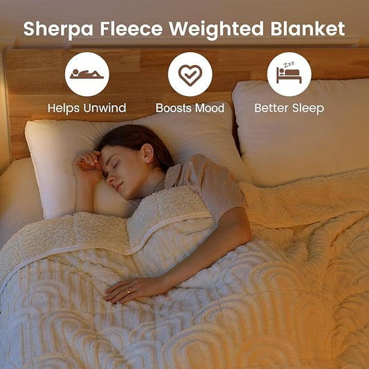 Sherpa Fleece Adult Weighted Blanket Great for Sleep, 15 lbs Dual Sided Soft Fuzzy Heavy Blankets for Couch Bed Sofa, Cozy Warm Arched Jacquard Throw for Winter (Cream White, 60" x 80", 15 Pounds)