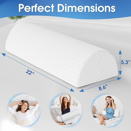 Knee Pillow for Back Sleeping Memory Foam Half Moon Bolster Pillow for Legs, Under Knee Support, Ankle & Foot Comfort Orthopedic Pillow for Side Sleepers (White, 22" x 8.7" x 5.3")