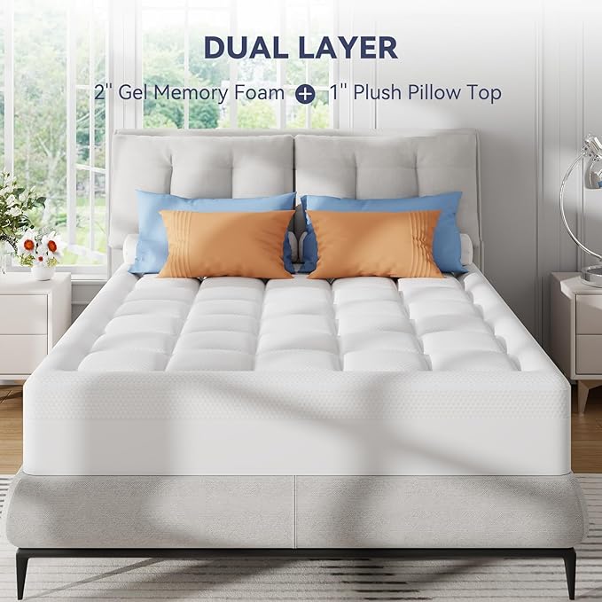 ELEMUSE Twin Size Dual Layer 3 Inch Memory Foam Mattress Topper, Breathable Pillow Top Mattress Pad with Deep Pocket, Enhanced Support, Non-Slip Design & Removable & Washable