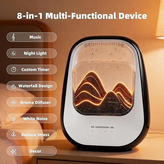 8-in-1 White Noise Sound Machine with Night Light, Help Stress Relief, Waterfall Design Essential Oil Diffuser Rain Sound Machine with Humidifier for Bedroom Office Decor Gift, Black