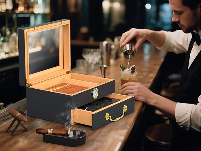 Cigar Humidor Box - Spanish Cedar Small Table Top Humidors for 20-50 Cigars with Accessories and Humidifier - Storage Drawer - Modern Desktop Cigar Holder for Men - Portable Travel Case Dark Gray