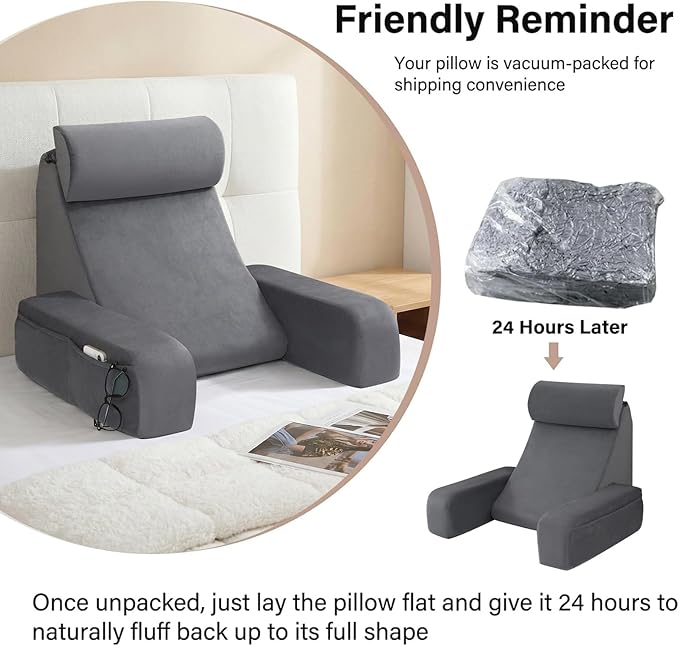 ENITYA 19" Back Support Pillow,Reading Pillow with Built-in Arms & Large Pockets, Removable Washable Cover, Wedge for Sitting,Reclining,Watching TV,Post Surgery in Bed,Couch or Floor,Medium Firm,Grey